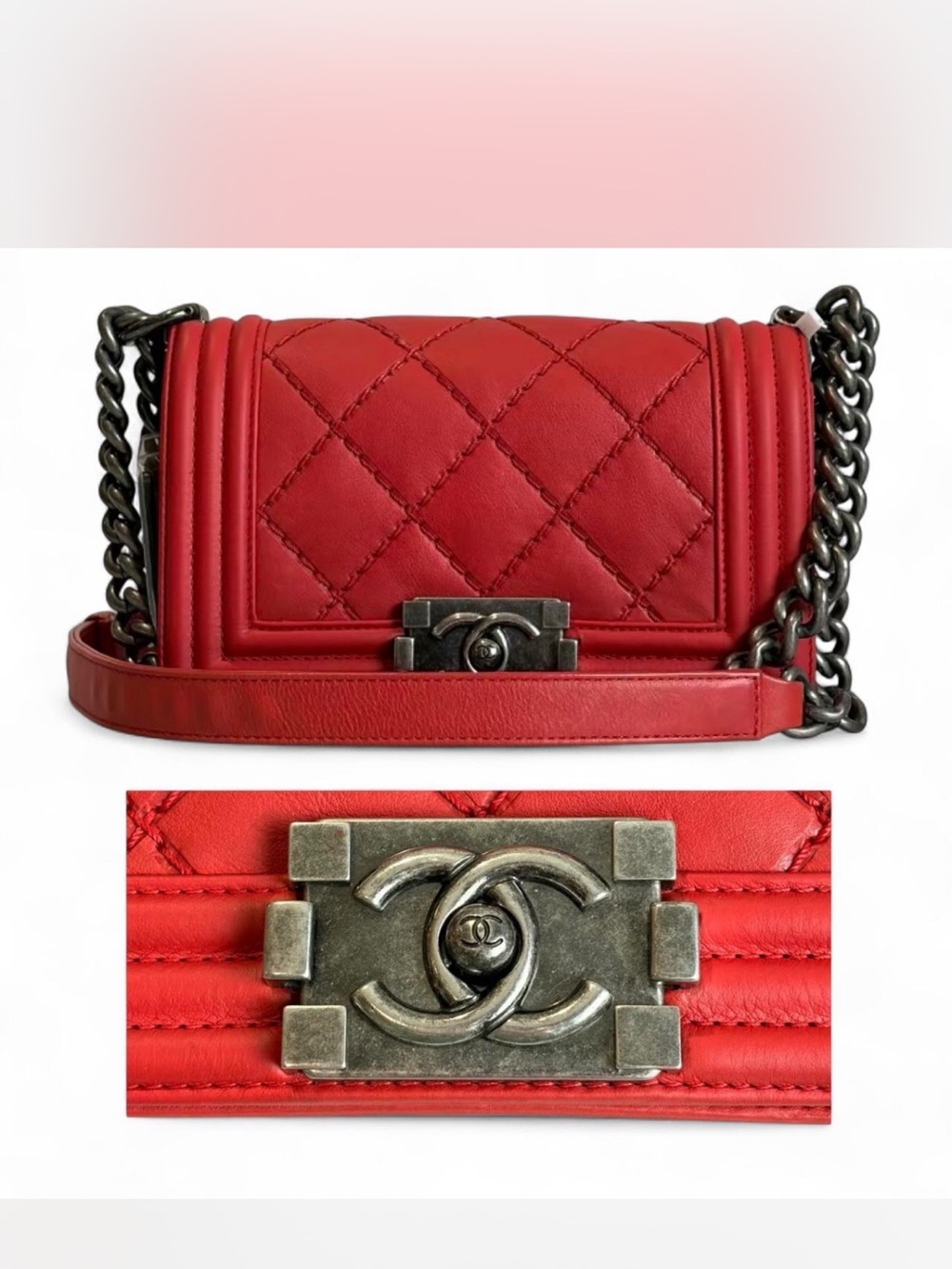 Authentic CHANEL Lambskin Quilted Boy Flap in Red with ruthenium hardware